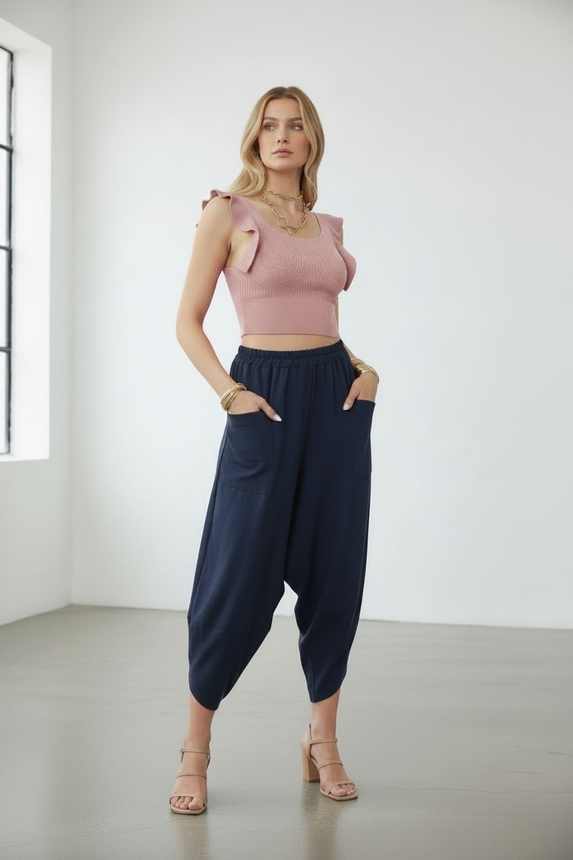 Navy blue, cropped, loose fit