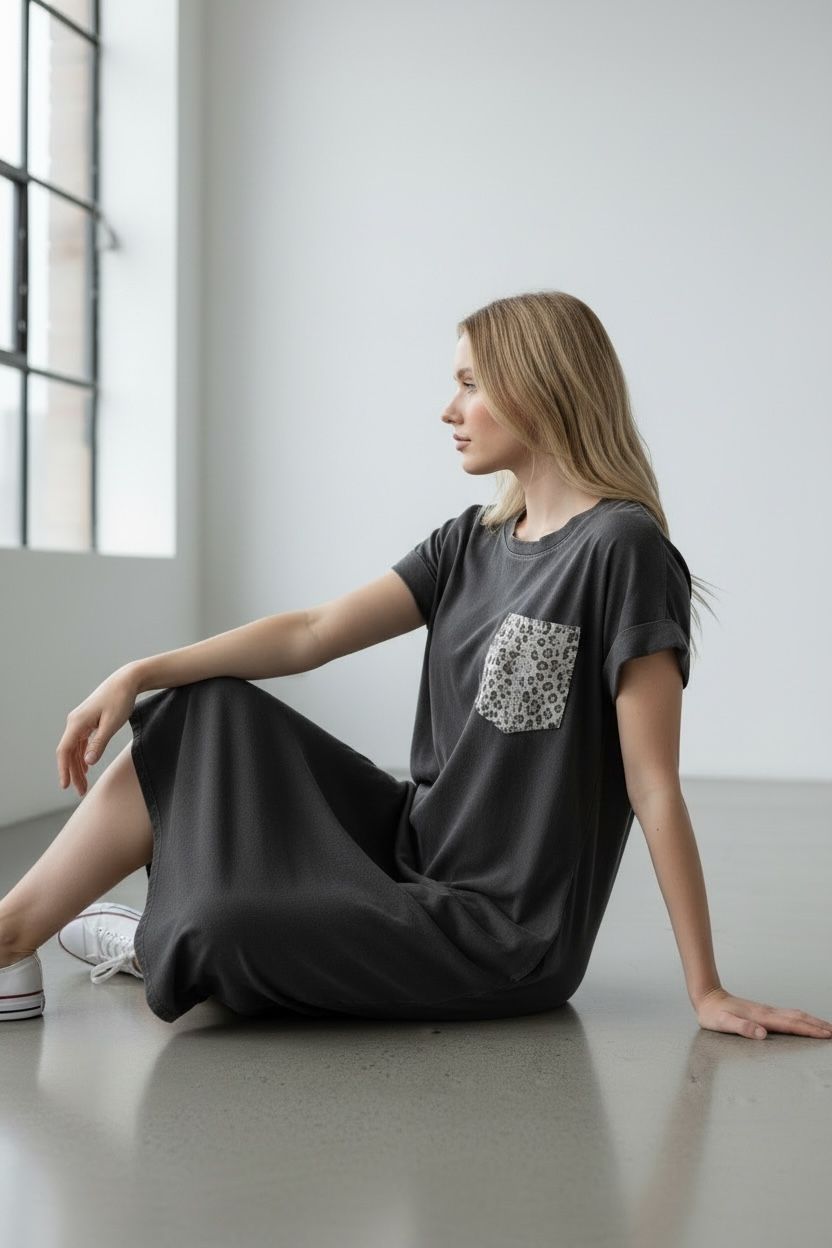 t shirt dress, charcoal grey, midi