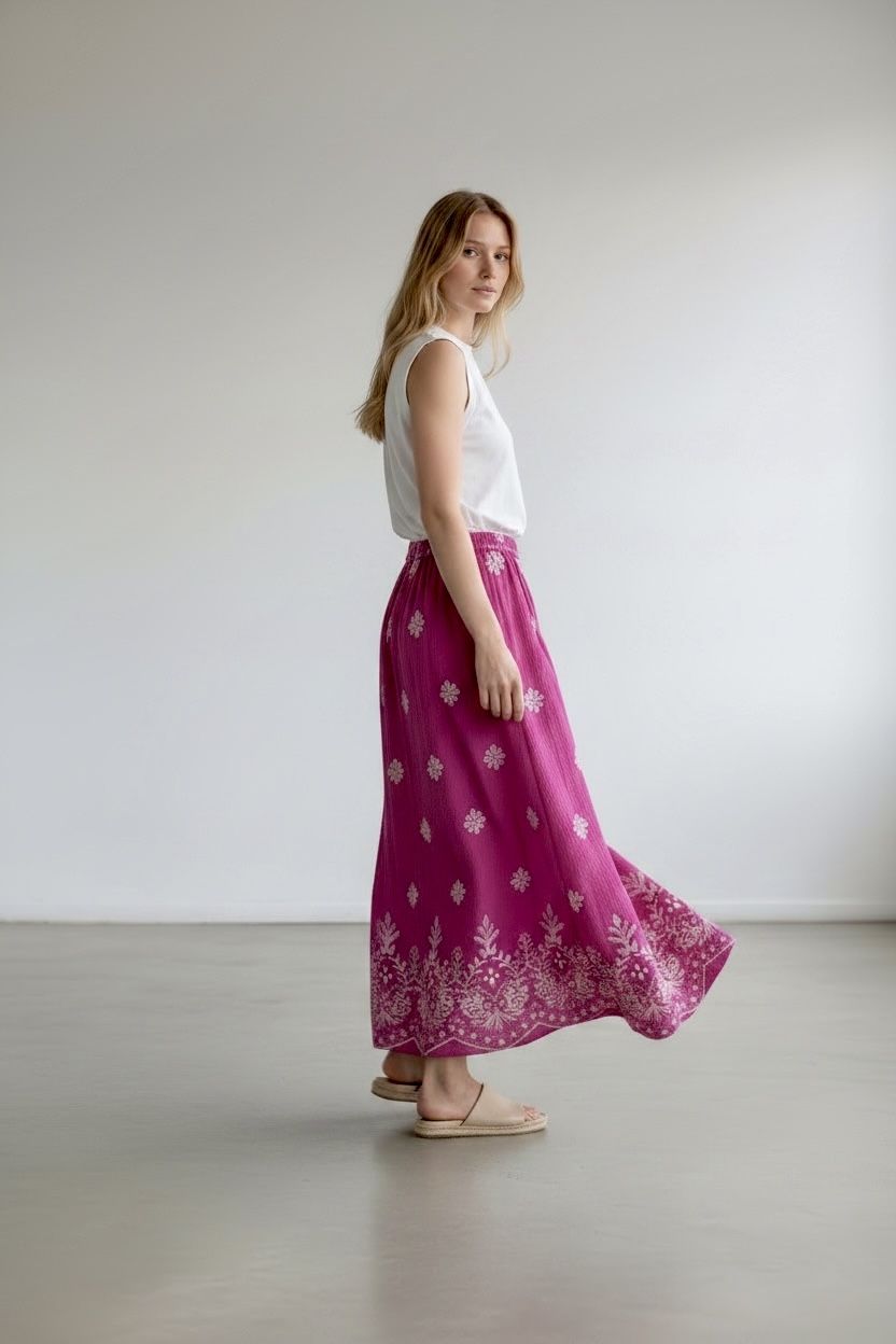 Zesty, Orchid, Embroidered ,print,Gauze ,Skirt