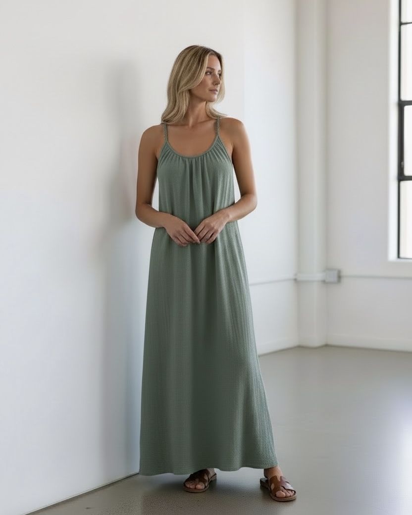 sage ,breeze, low back, dress